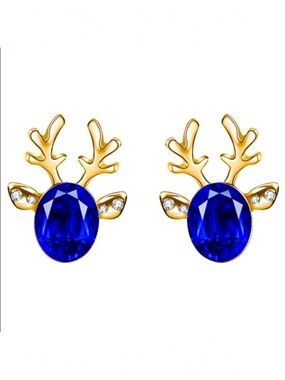 Reindeer Blue & Gold Crystal Stud Christmas Holiday Earrings Nwt